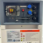Pylontech lithium battery management system controller with red start button, blue safety switches, antenna, and warning labe