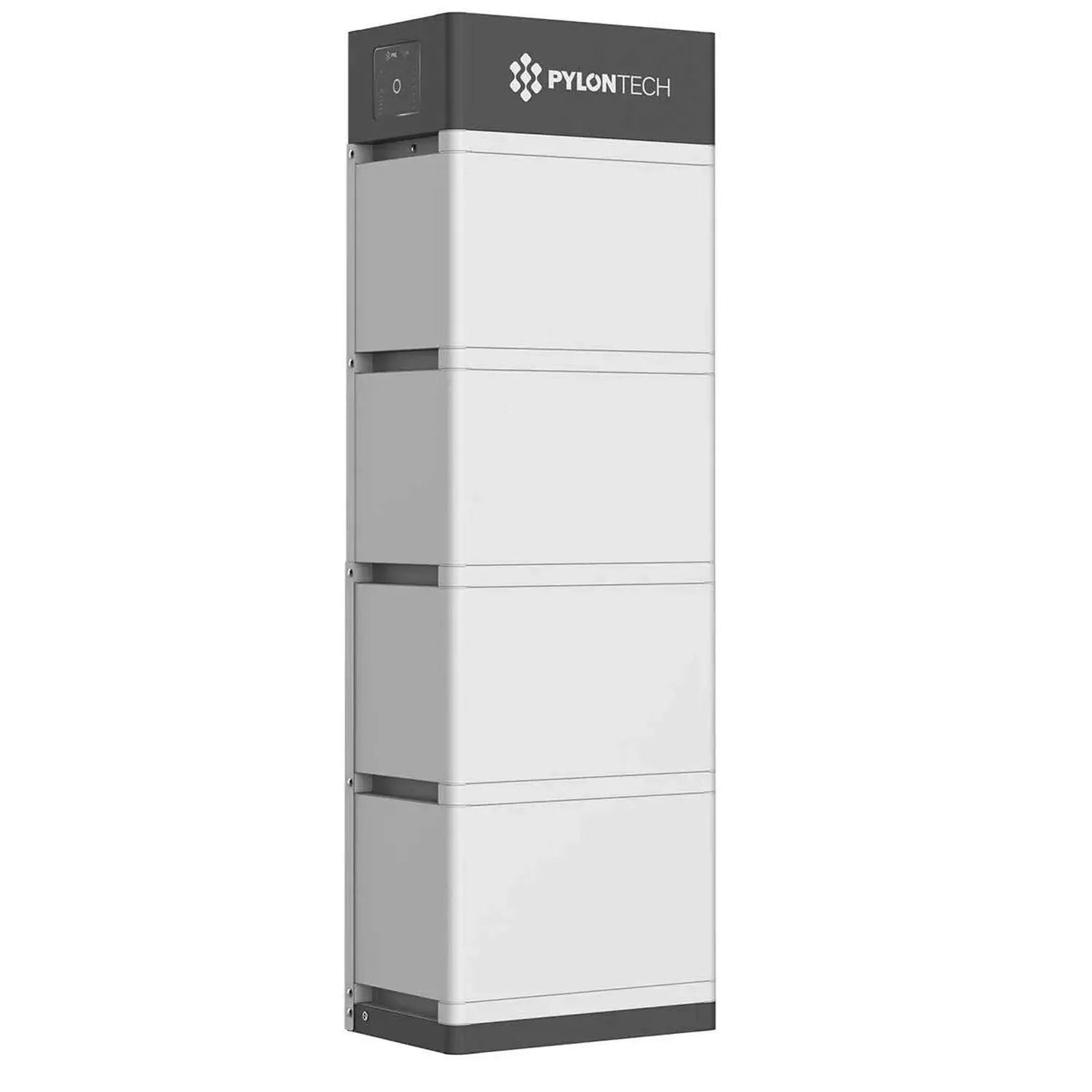 Pylontech Force H2 battery module, tall white rectangular unit with dark top and bottom panels, stacked modular design.