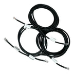 Three black network cables with labeled connectors coiled on white background.