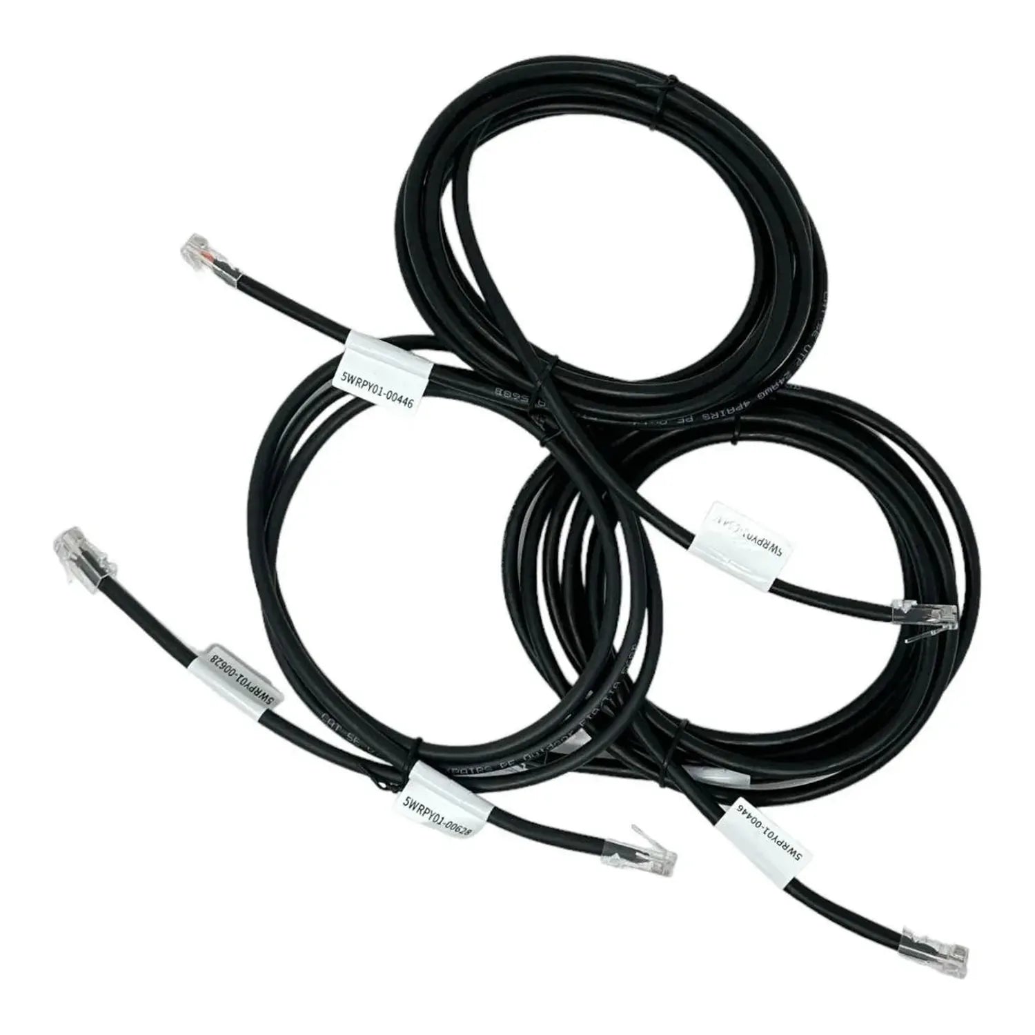 Three black network cables with labeled connectors coiled on white background.