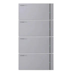 Four stacked Pylontech lithium battery modules with gray casing and side indicators, displayed against white background.