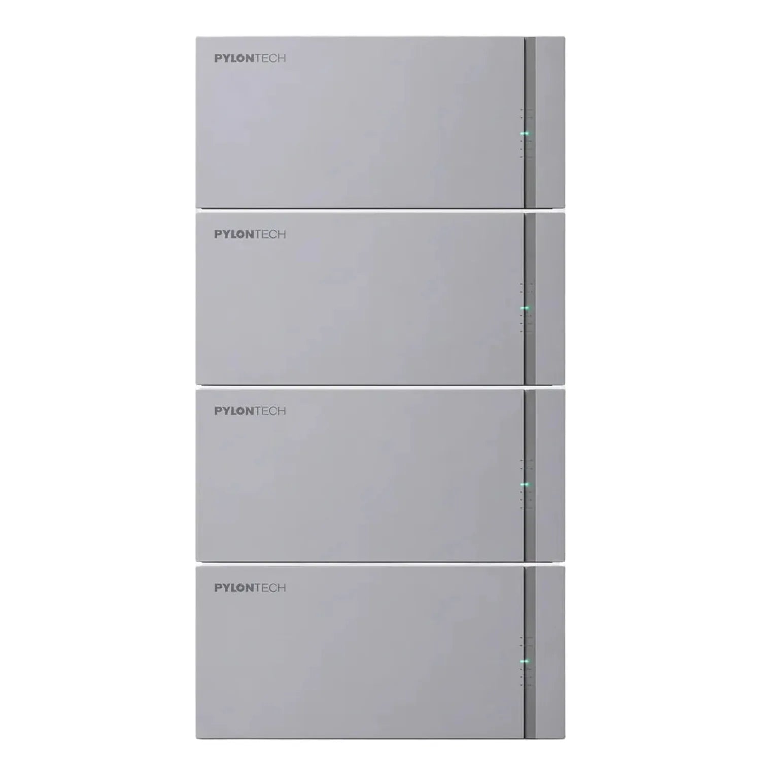 Four stacked Pylontech lithium battery modules with gray casing and side indicators, displayed against white background.
