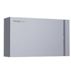 Pylontech wall-mounted battery unit with light gray casing, brand logo top left, status indicator lights on right side.