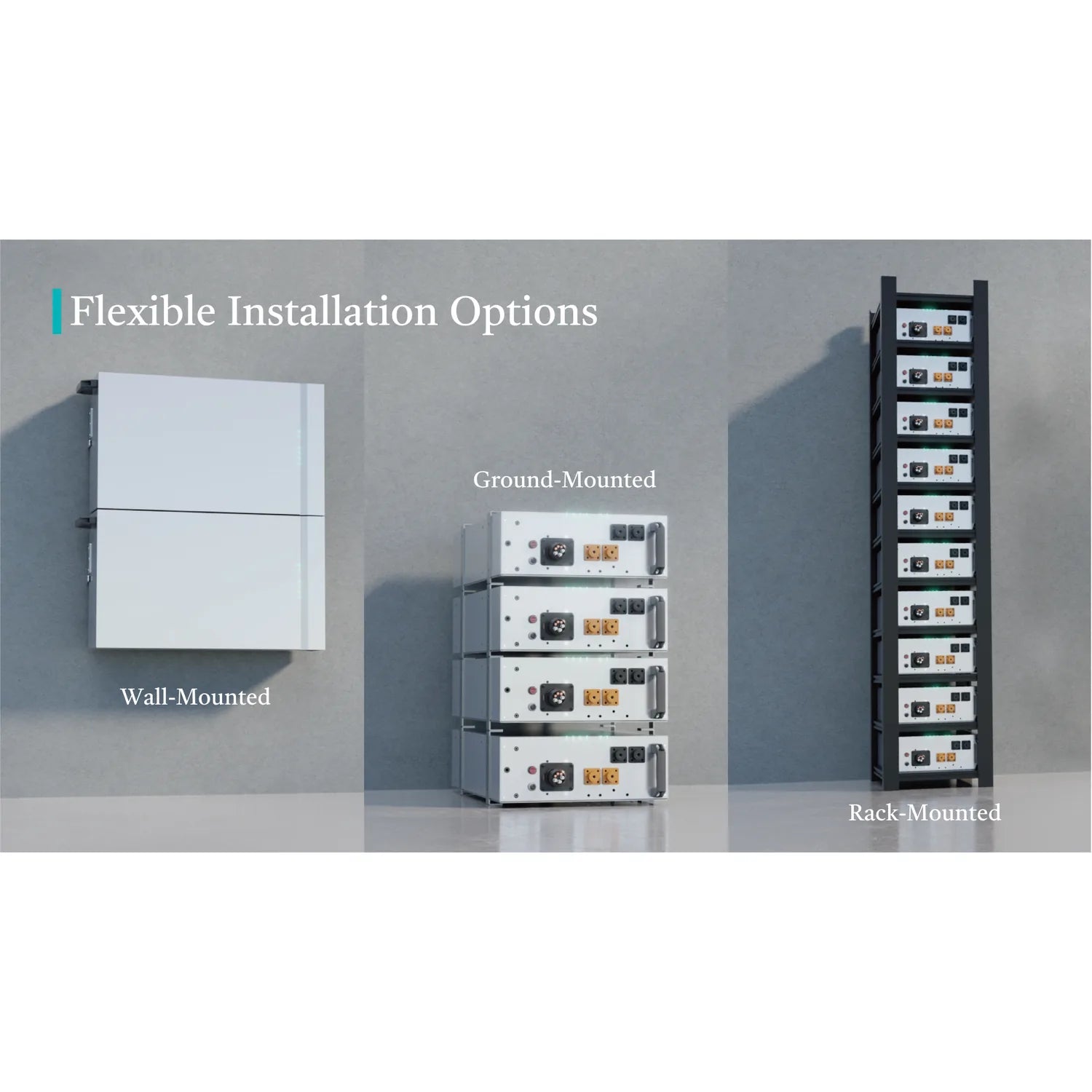 Three flexible installation options for Pylontech Fidus Pro battery: white wall-mounted unit, stacked ground-mounted modules,