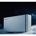 Pylontech Fidus Pro battery unit on snow with dark sky background, showing white rectangular enclosure with brand name and st