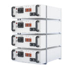 Four stacked white lithium battery units with black handles, orange connectors, and ventilation ports, shown in a product con