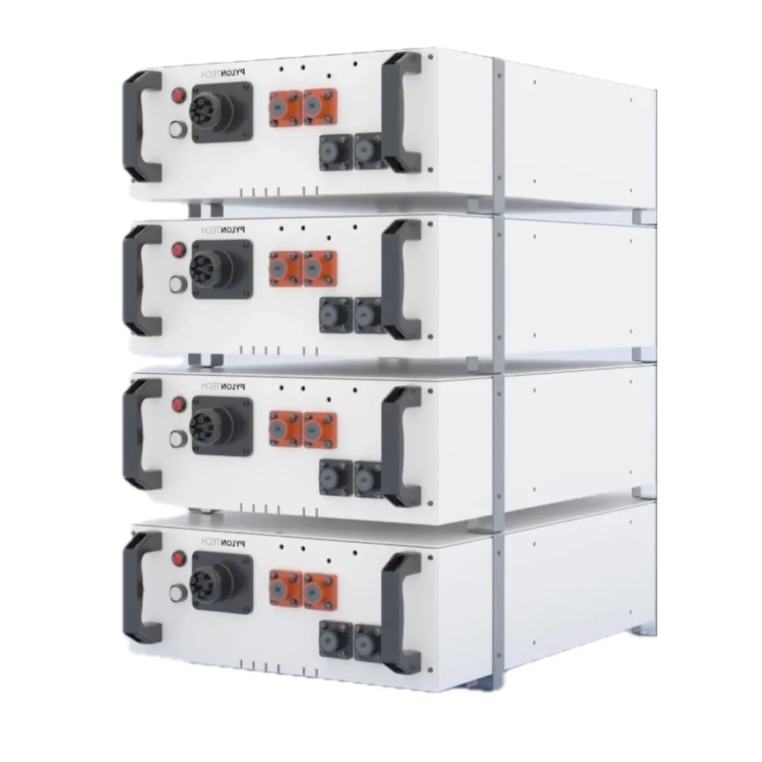 Four stacked white lithium battery units with black handles, orange connectors, and ventilation ports, shown in a product con
