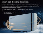 Pylontech battery unit in snowy setting with glowing heat lines illustrating smart self-heating function for cold weather ope