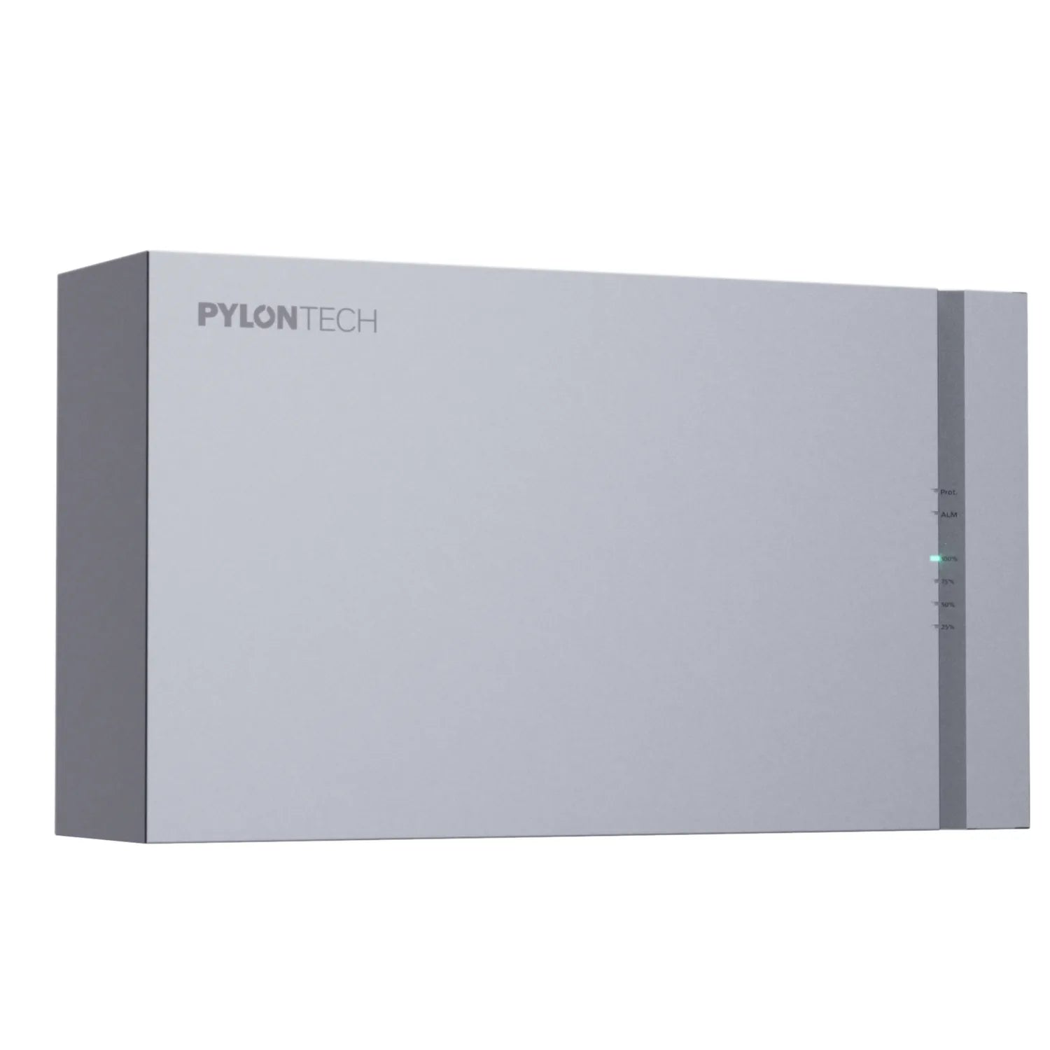 Pylontech LiFePO4 battery unit with gray casing and indicator lights on right side, product packaging shot.