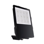 Black LED flood light with white panel array and mounting bracket, angled product shot on white background.