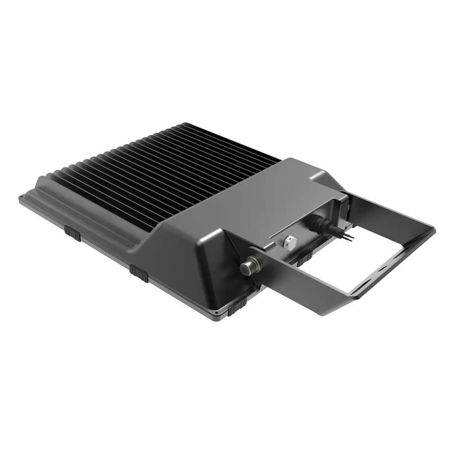 Black LED flood light with ribbed heat sink and adjustable mounting bracket, product shot on white background.