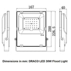 Technical dimension diagram of DRACO LED 30W flood light showing top view with measurements in millimeters: 167mm width, 200m