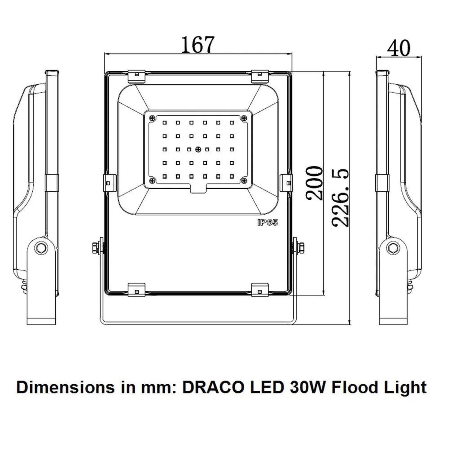 Technical dimension diagram of DRACO LED 30W flood light showing top view with measurements in millimeters: 167mm width, 200m