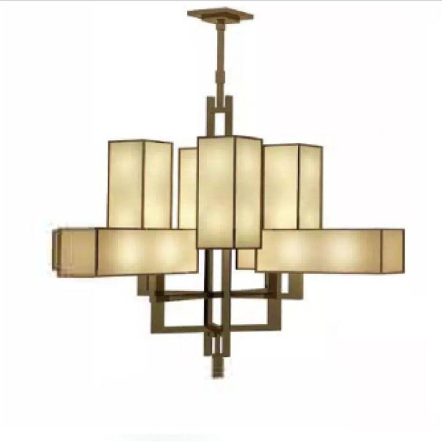 Dellamont brass 8-way LED ceiling pendant light with cream fabric shades arranged in geometric pattern, product photo on whit