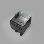 Black industrial control module with display screen, terminal connectors, green indicator lights, and labeled input/output po