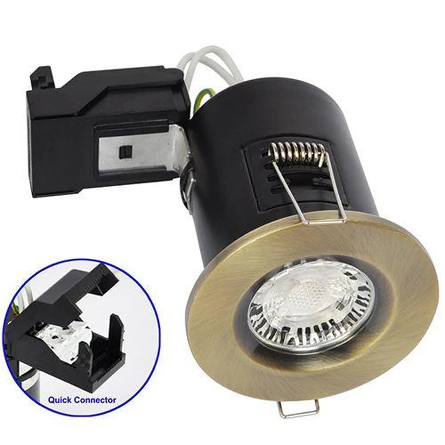 Brass fire-rated LED downlight with quick connector housing detail and wiring visible on white background.