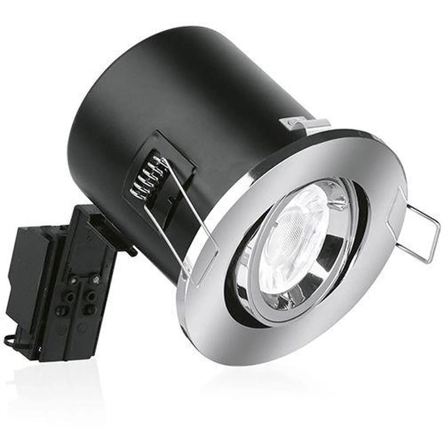 Brushed chrome recessed downlight with black mounting housing and internal components, tilted at an angle against white backg
