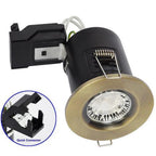 Brass fire-rated LED downlight with quick connector terminal shown from front and rear angle views.