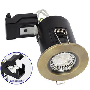 Brass fire-rated LED downlight with quick connector terminal shown from front and rear angle views.