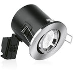 Brushed chrome recessed downlight with black cylindrical housing and tilting mechanism, shown at angle against white backgrou