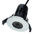 Fire rated LED downlight with white trim ring and black cylindrical housing shown against white background.