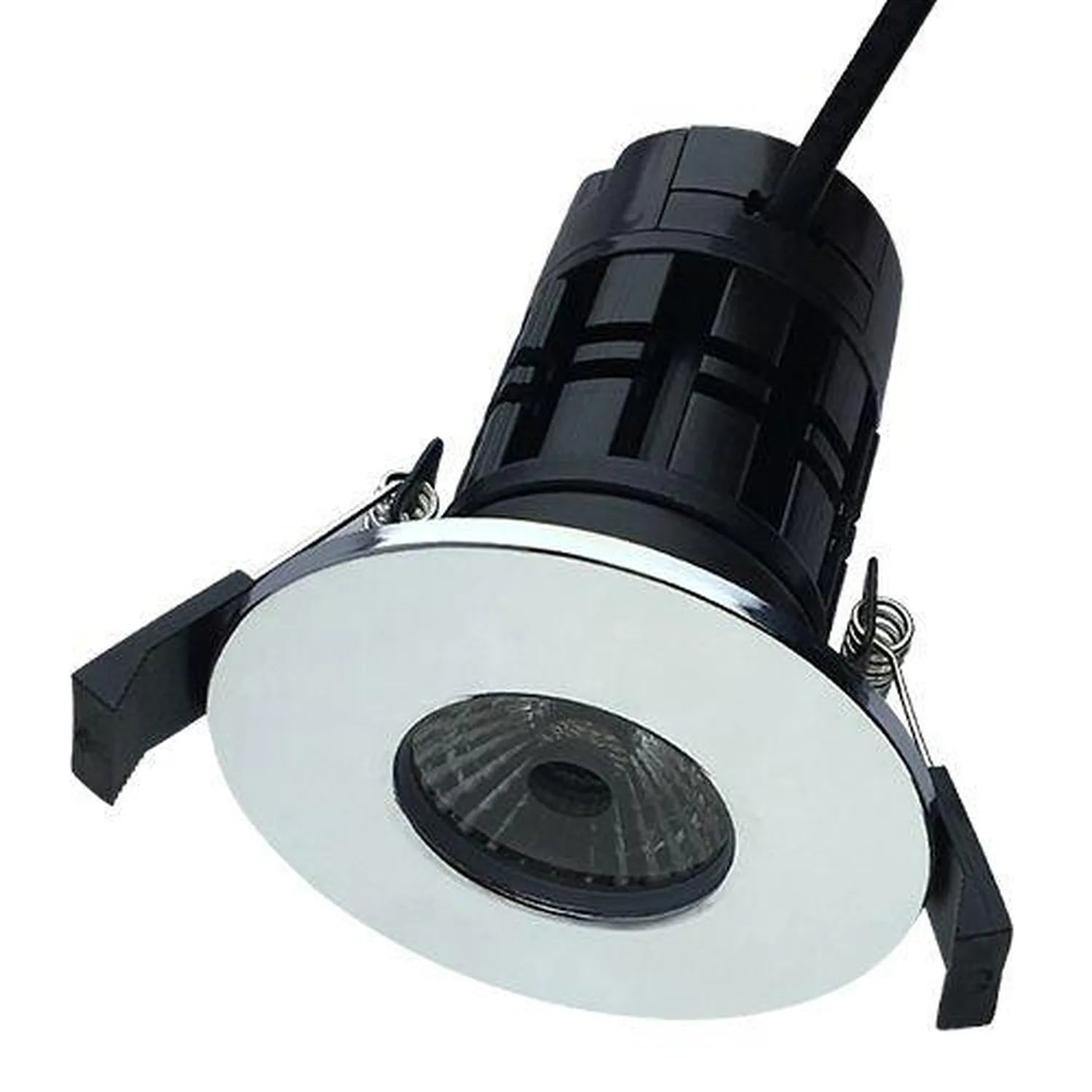 Fire rated LED downlight with white trim ring and black cylindrical housing shown against white background.