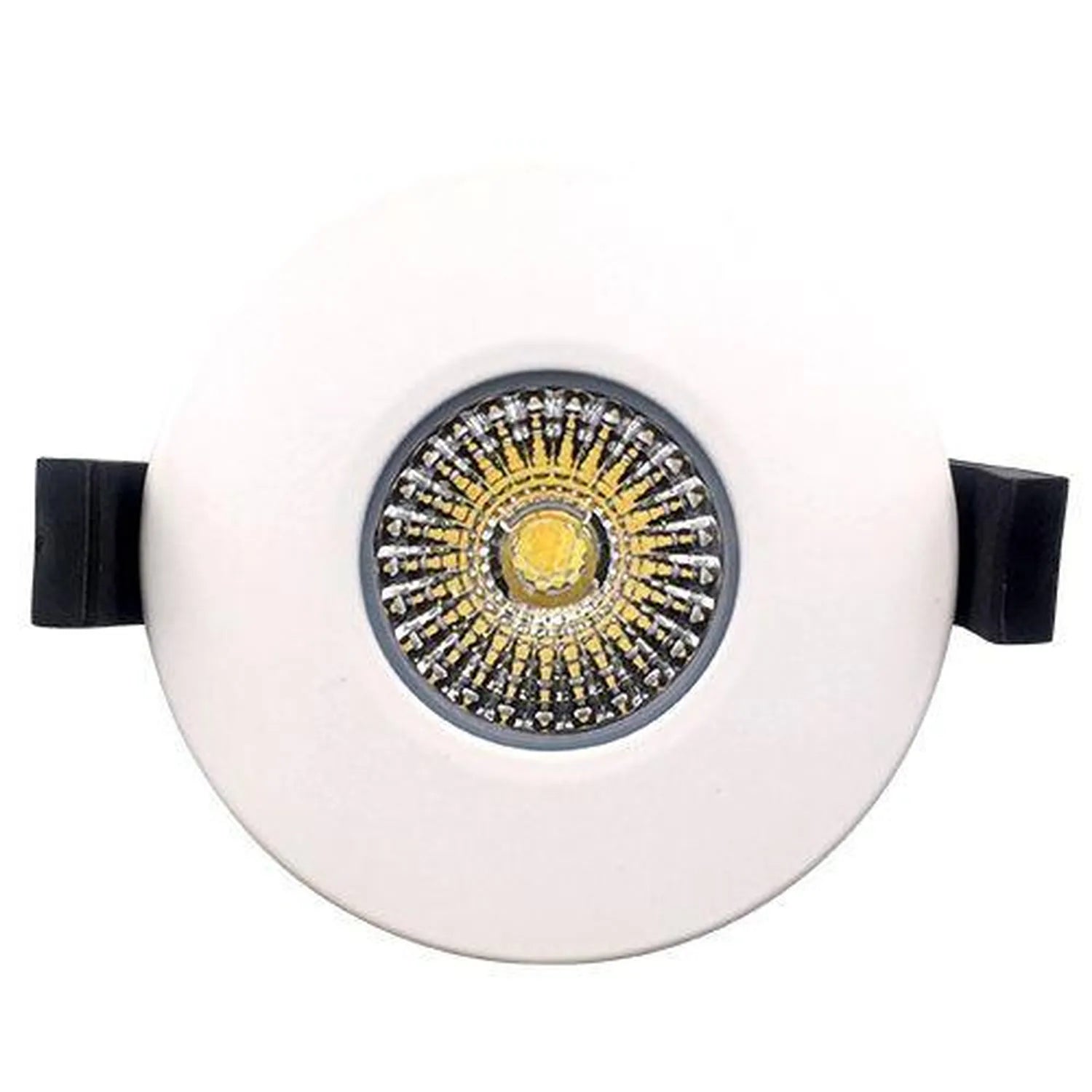 White round recessed LED downlight with gold and grey decorative trim ring, black adjustment clips visible on sides, product 
