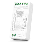 White Zigbee WiFi gateway device showing technical specifications, QR code, input terminals, and status indicator lights on b