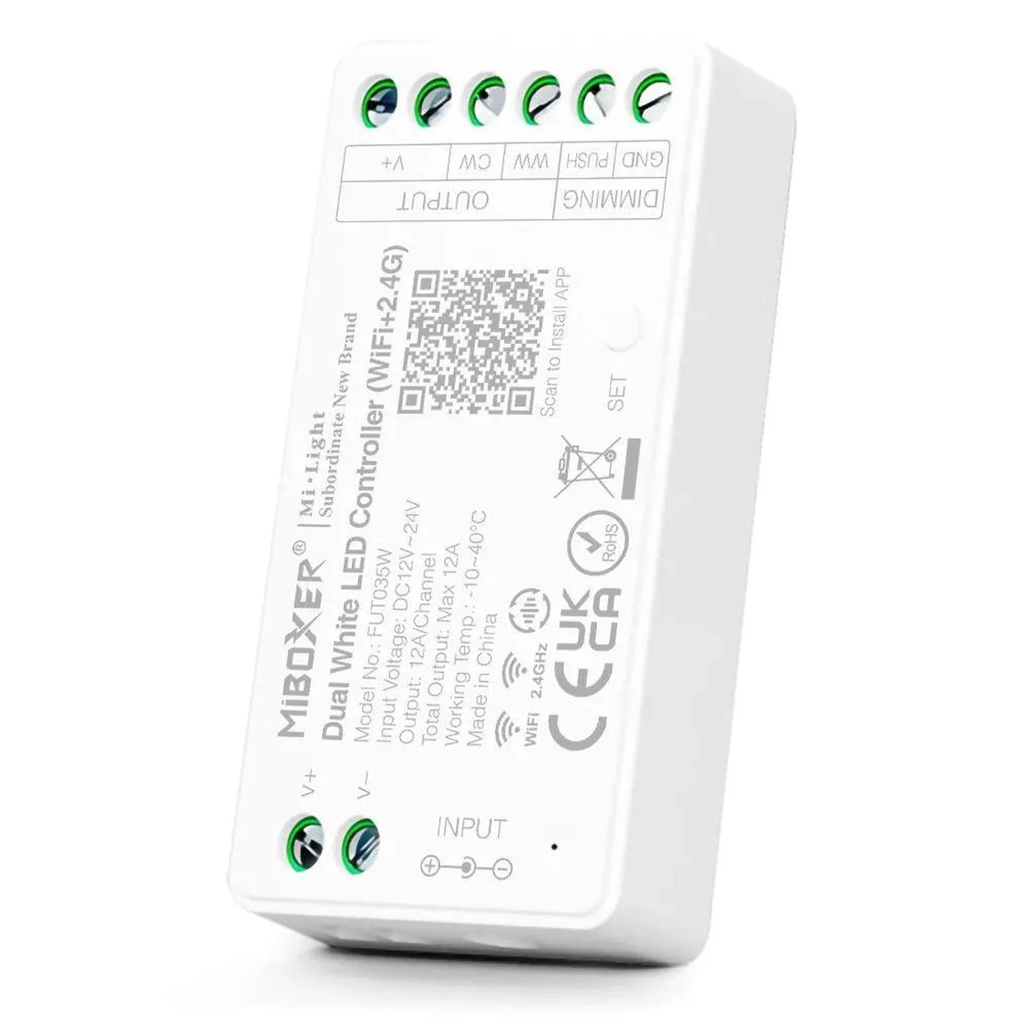 White Zigbee WiFi gateway device showing technical specifications, QR code, input terminals, and status indicator lights on b