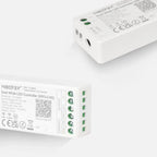MIBOXER FUT035W Dual White LED Controller showing front and top views with green terminal connectors and WiFi 2.4GHz branding