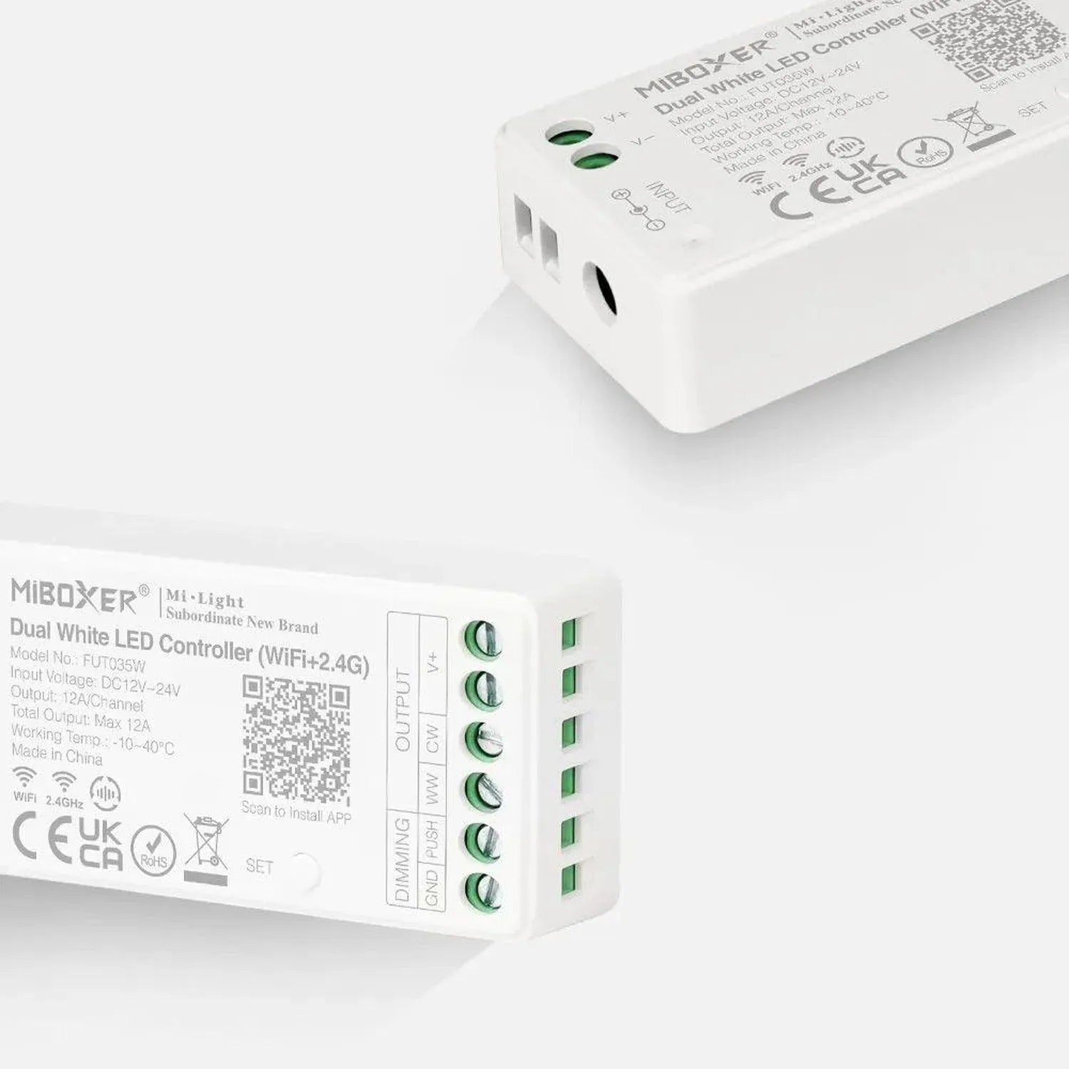 MIBOXER FUT035W Dual White LED Controller showing front and top views with green terminal connectors and WiFi 2.4GHz branding
