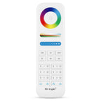 Mi-Light remote control with color wheel, brightness slider, white balance control, and six zone buttons with preset options.