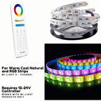 Mi-Light 6-channel remote control with RGB color wheel, brightness slider, and numbered zone buttons next to LED strip lighti