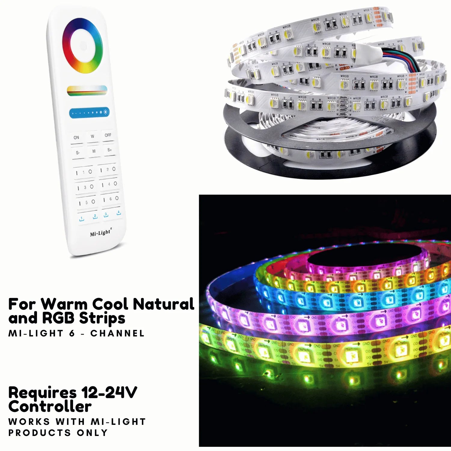 Mi-Light 6-channel remote control with RGB color wheel, brightness slider, and numbered zone buttons next to LED strip lighti