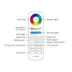 Mi-Light FUT089S remote control diagram showing color ring, sliders, and button functions for RGB CCT LED light control.