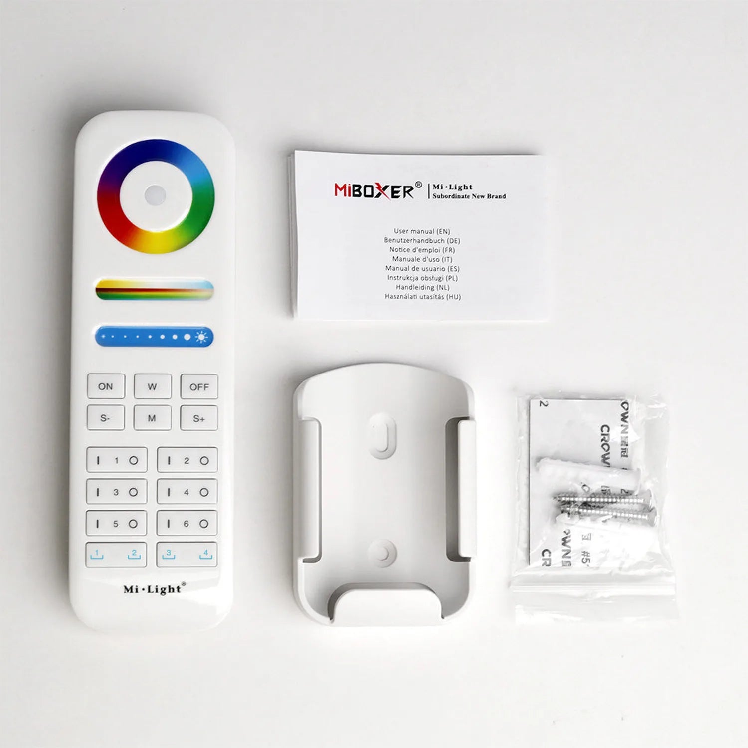 Miboxer Mi-Light remote control with color wheel, brightness slider, and preset buttons, displayed with user manual and mount