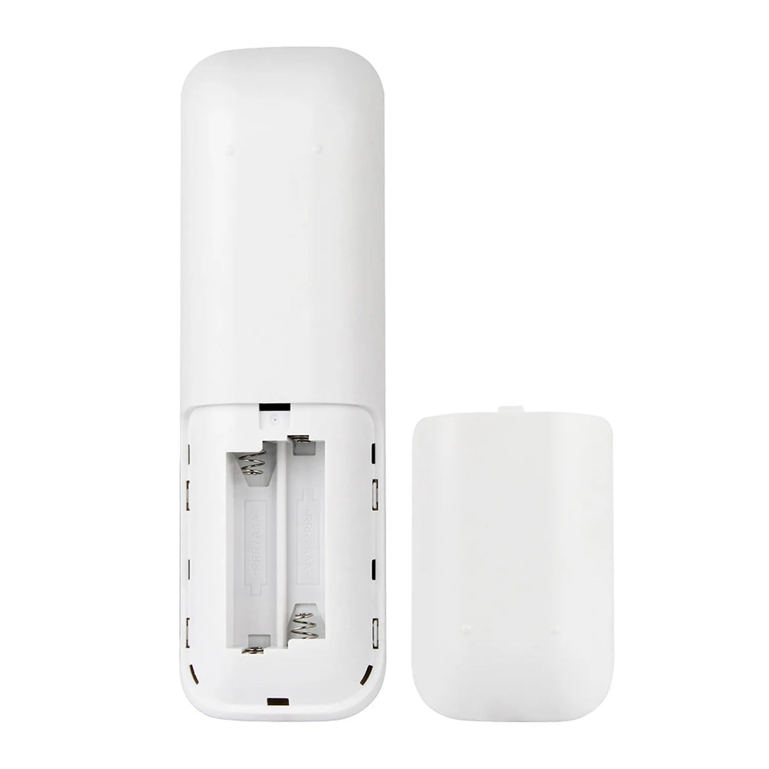 White remote control shown disassembled with battery compartment open, displaying interior mechanisms and batteries.