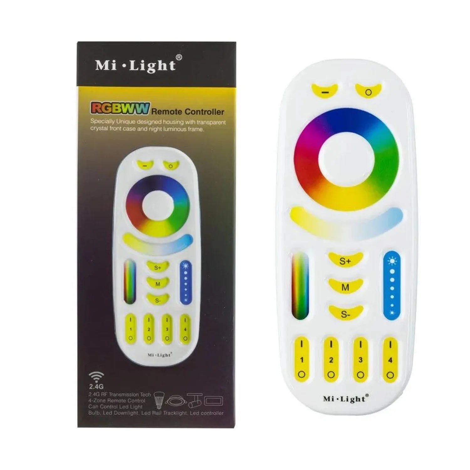 Mi-Light RGBWW remote controller with packaging box. White remote features color wheel, control buttons, and four numbered zo