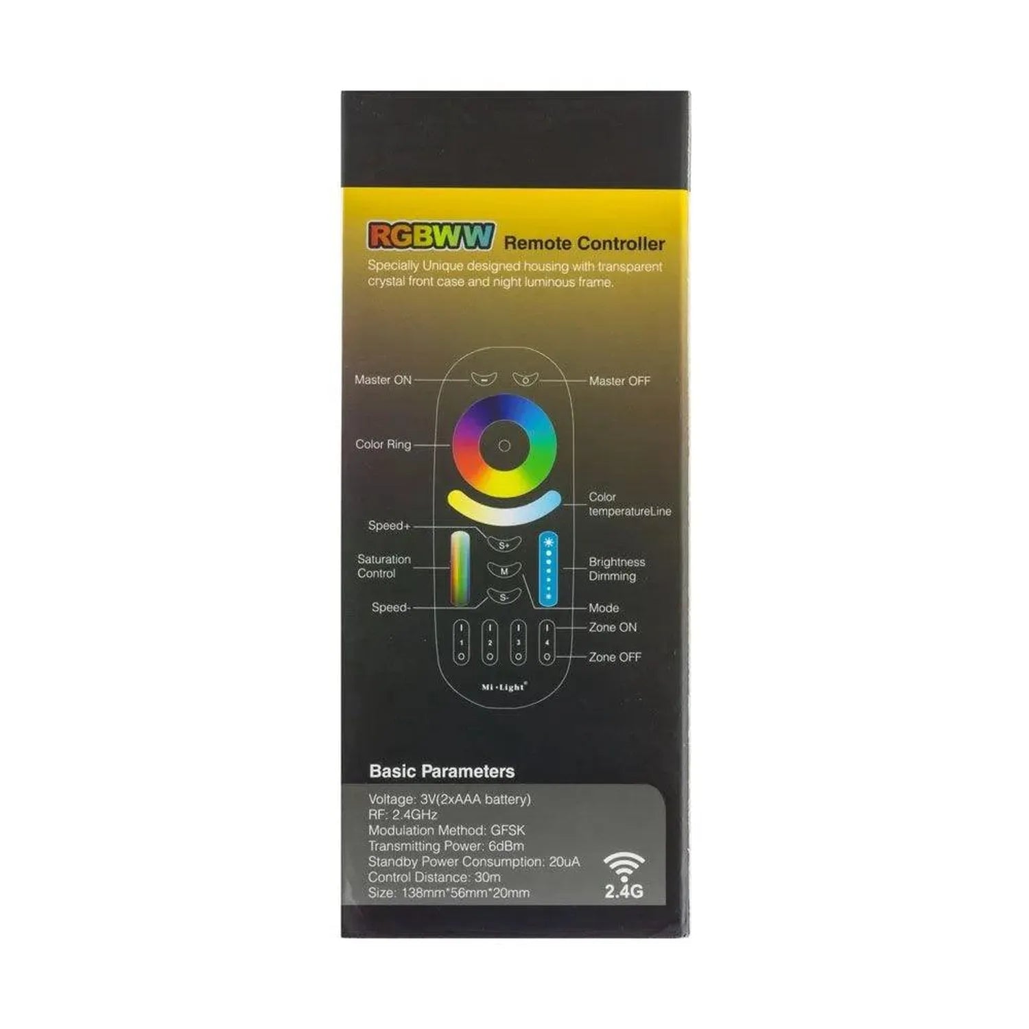 RGBWW Remote Controller packaging showing product diagram with color ring, brightness controls, and zone buttons with specifi