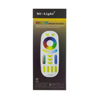 Mi-Light RGBWW remote controller with color wheel, zone buttons, and brightness controls on packaging box.