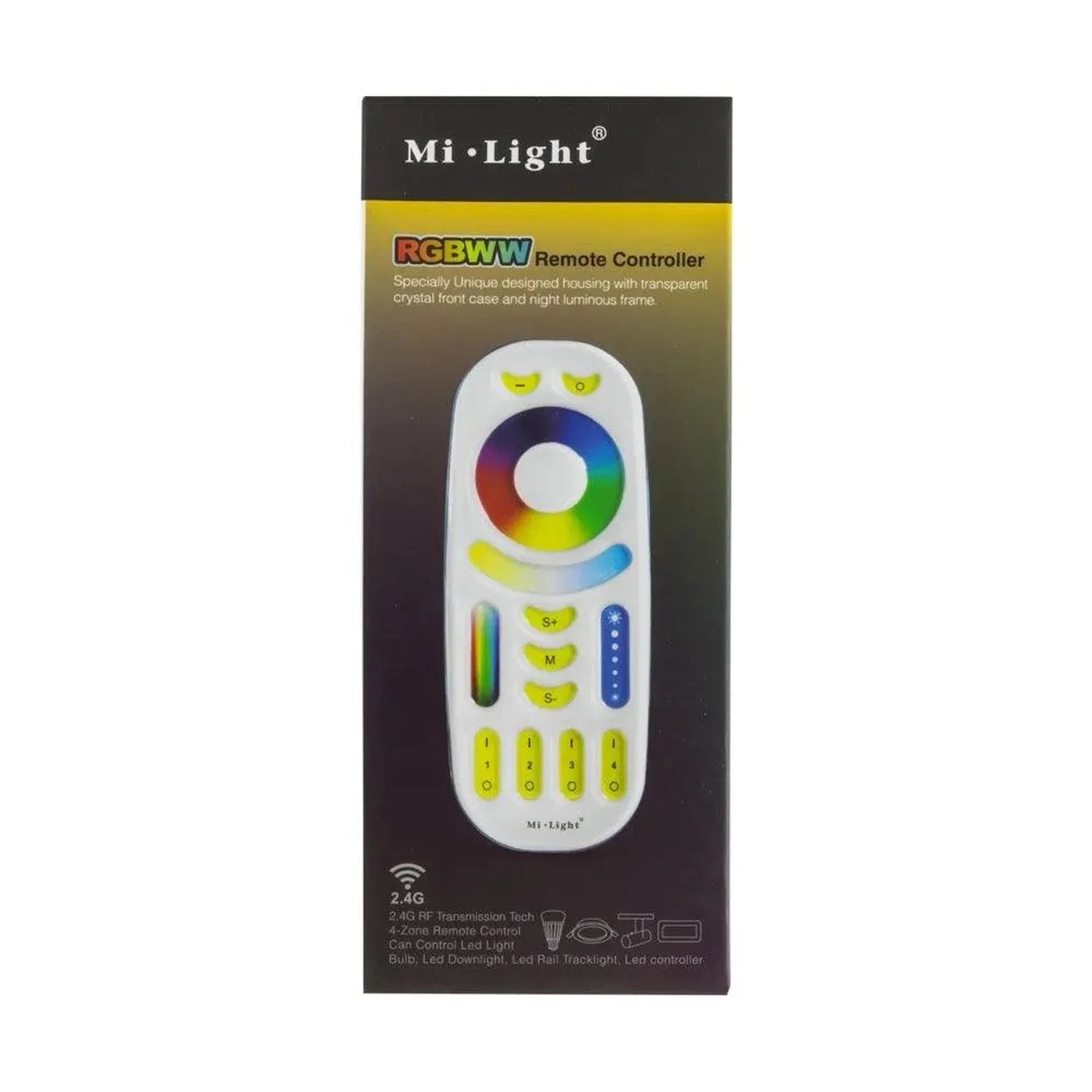 Mi-Light RGBWW remote controller with color wheel, zone buttons, and brightness controls on packaging box.