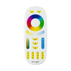 Mi-Light white remote control with color wheel, brightness slider, mode buttons, and four zone selection buttons labeled 1-4.