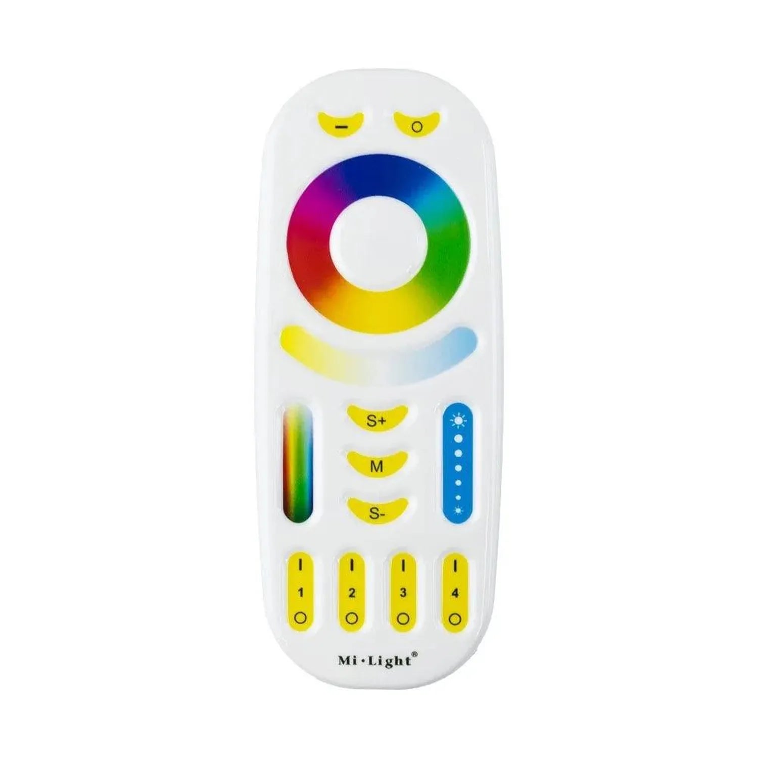 Mi-Light white remote control with color wheel, brightness slider, mode buttons, and four zone selection buttons labeled 1-4.
