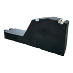 Black rubber ballast block with angled top section and integrated mini rail with metal mounting brackets, product shot on whi