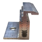 Solar panel end clamp with metal mounting base, serrated adjustment mechanism, and hinged top bracket for 30mm-40mm rail atta