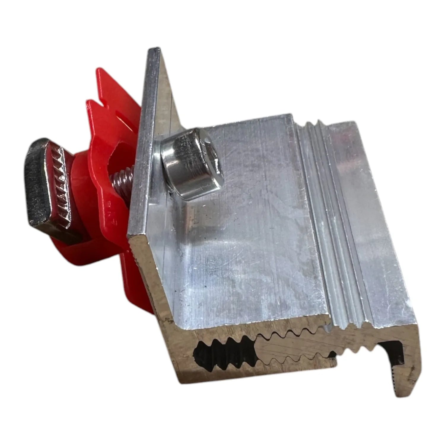 Adjustable solar panel end clamp with red mounting bracket and metal components on wooden base, product alone displayed again