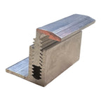 Adjustable aluminum end clamp for solar panels with zinc-coated metal plates and serrated gripping mechanism, shown as produc