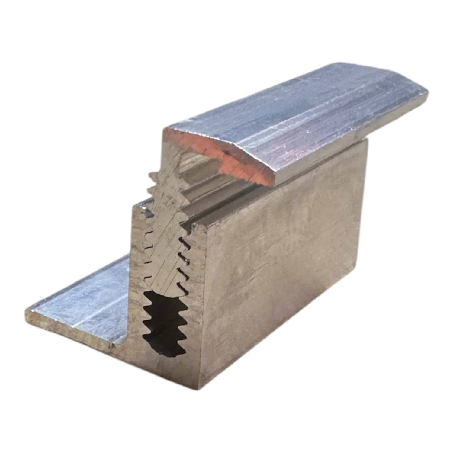 Adjustable aluminum end clamp for solar panels with zinc-coated metal plates and serrated gripping mechanism, shown as produc