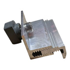 Adjustable end clamp for solar panels with metal bracket, wooden base, and black rubber roller attachment, shown as product i