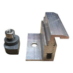 Solar panel end clamp assembly shown with metal bracket component and fastening bolt against white background.